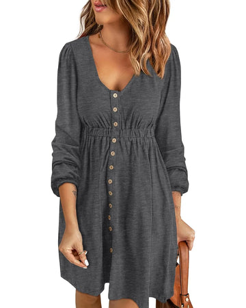 Women's Round Neck High Waist Long Sleeve Button Dress