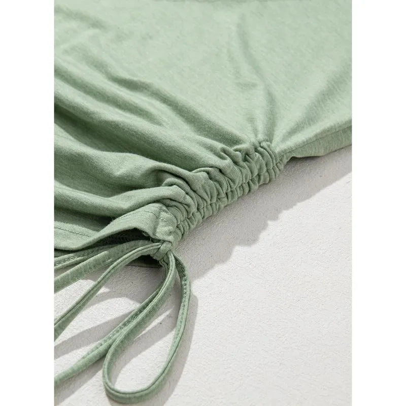 Women's U-Neck Side Drawstring Long Sleeve T-Shirt