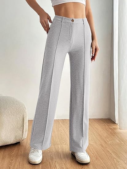Straight Leg Stretchy Button Business Casual Work Trousers Knit Elastic Waist Slacks