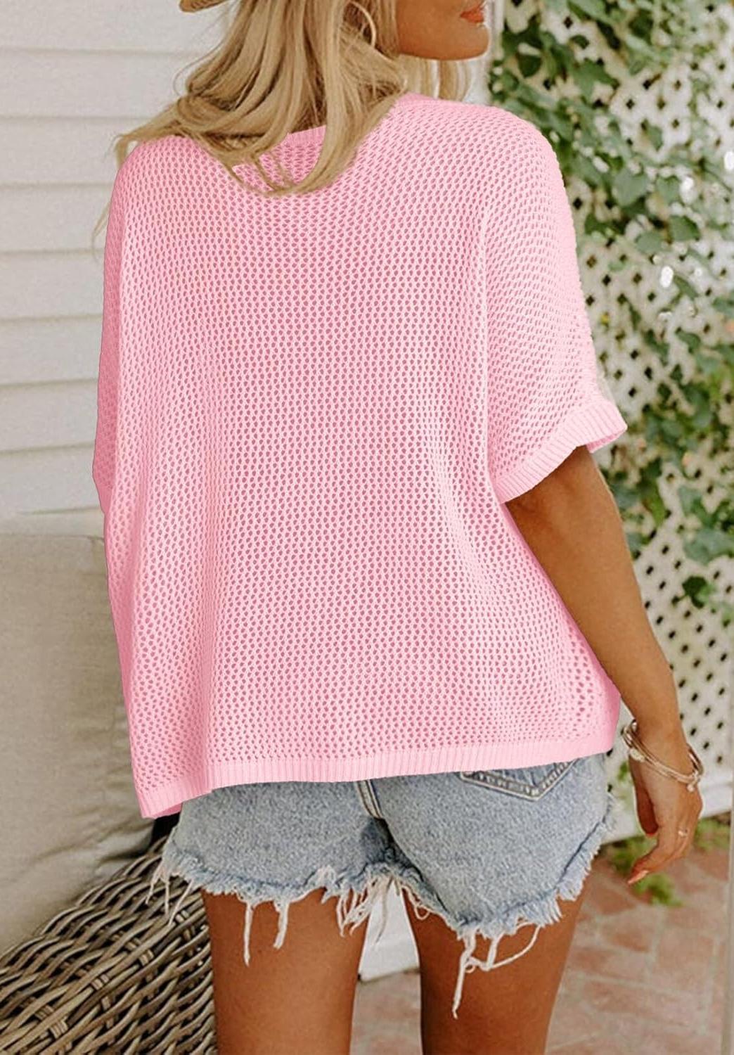 Womens Floral Cute Tops Short Sleeve Crochet Cover Ups Lightweight Pullover