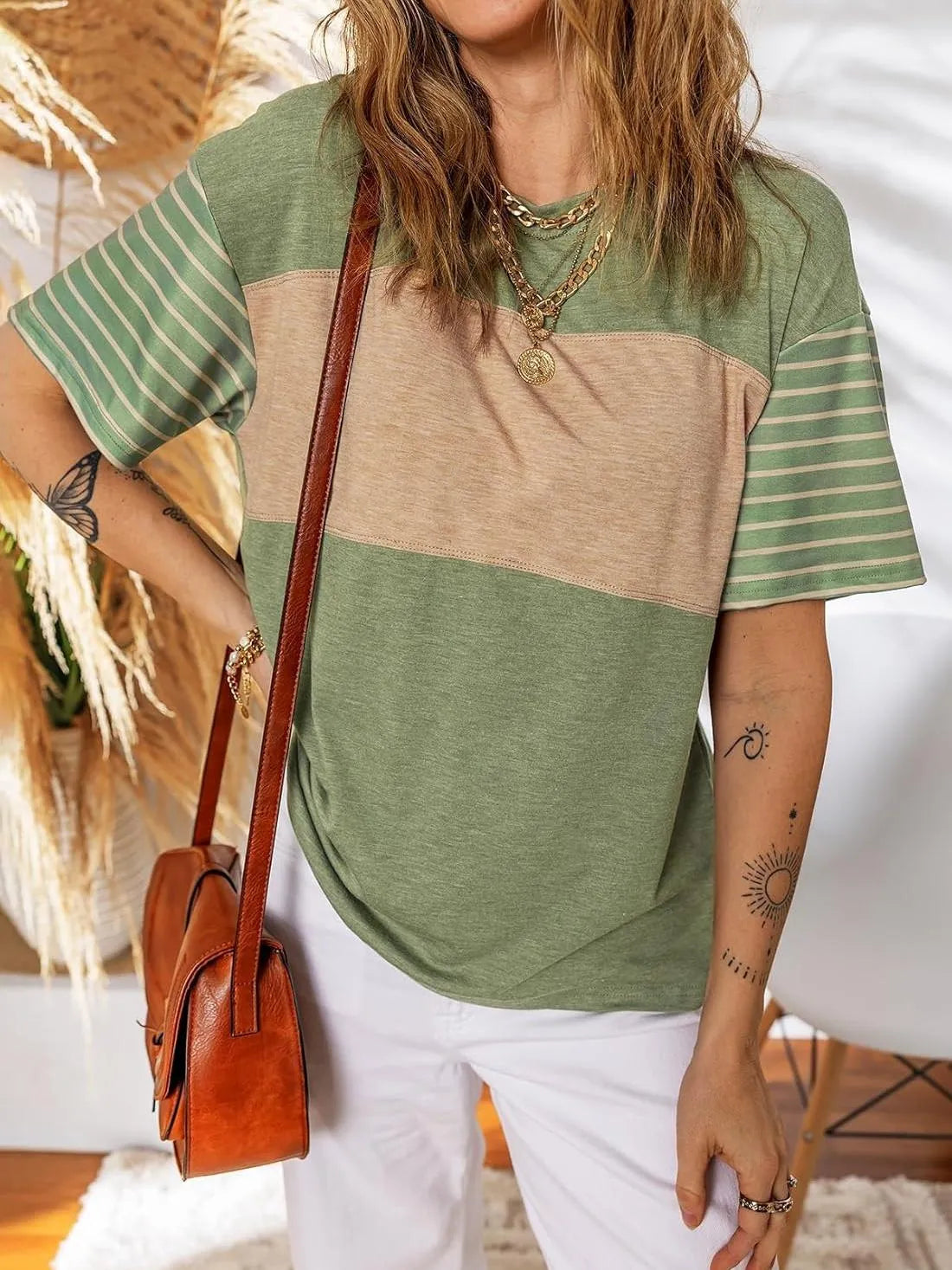 Women Oversized Color Block Striped Shirts Top