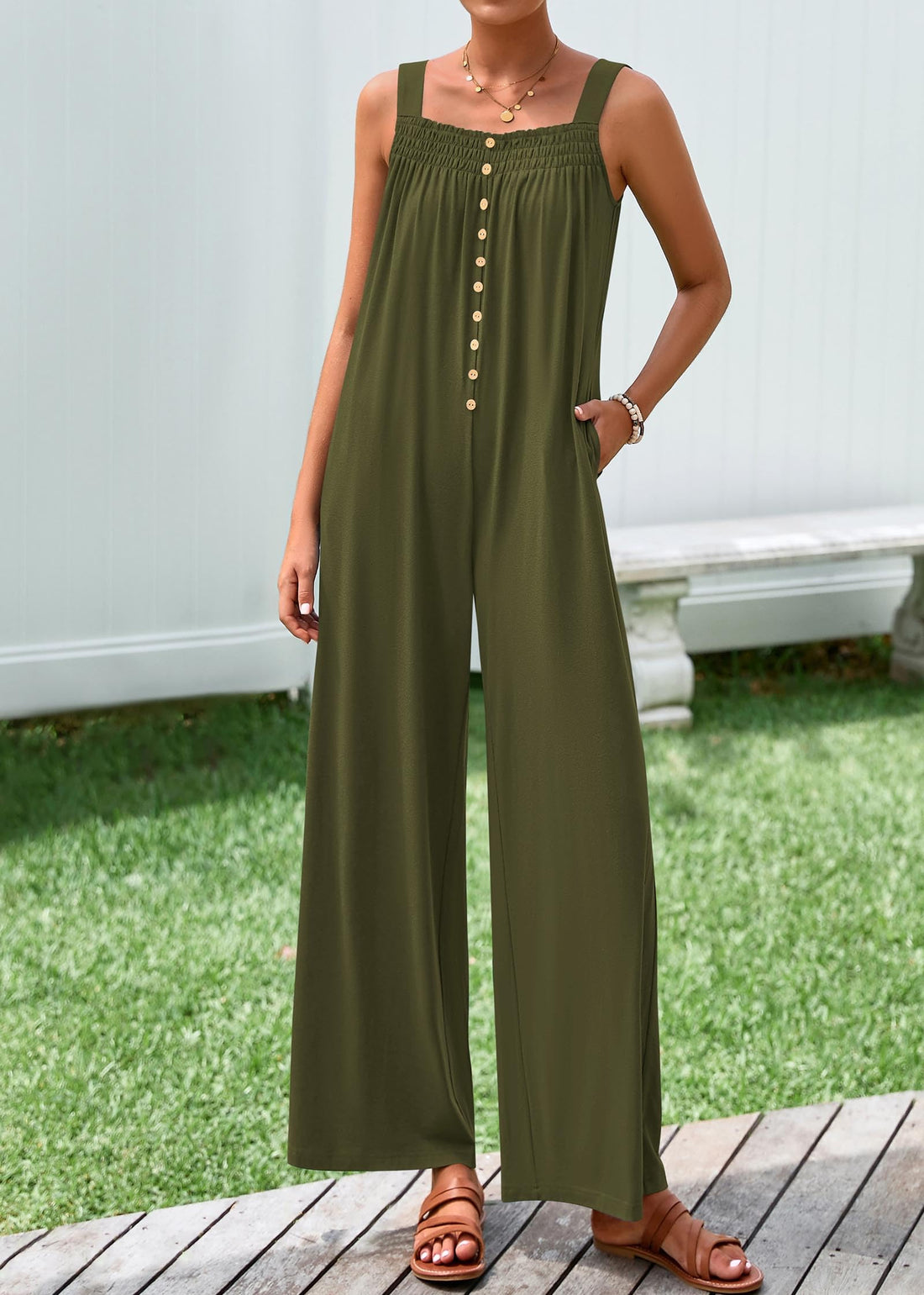 Women's Summer Button Sleeveless Wide Leg Jumpsuit with Pockets