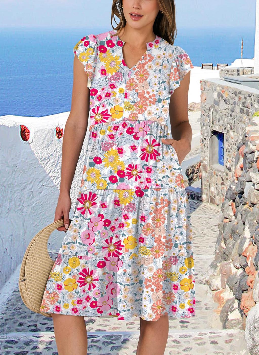 Women's Summer Ruffle Sleeve Bohemian V-Neck Midi Dress