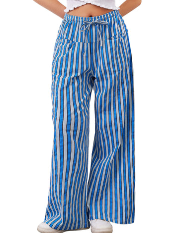 Women's Drawstring Low Rise Striped Wide Leg Pants with Pockets