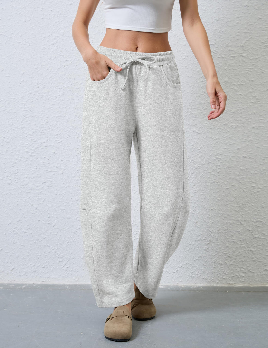 Women's Barrel Leg Elasticated Waistband Soft Wide Leg Pants with Pockets