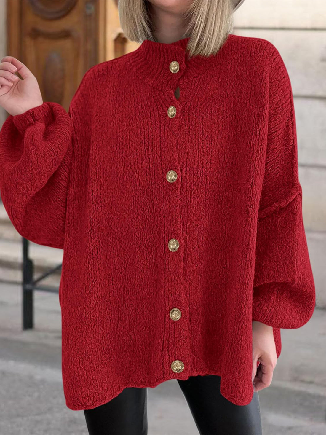 Fall Women's Winter Button Down Cardigan Sweaters Mock Neck Lantern Long Sleeve