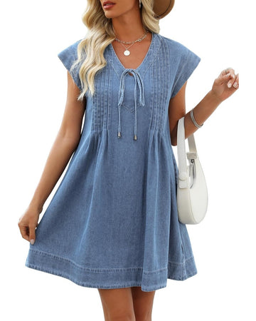 Women's V-neck Pleated Denim Dress with Pockets