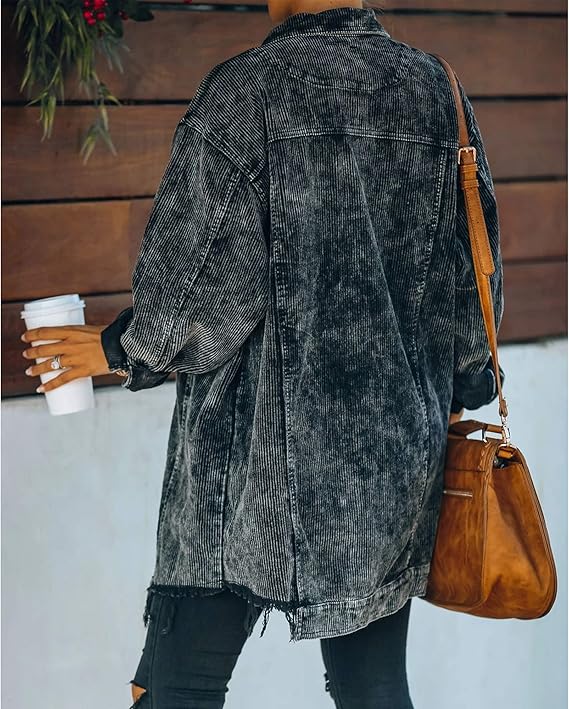 Women's Casual Oversized Button Down Corduroy Shirt Jacket Coat Washed Retro Shacket