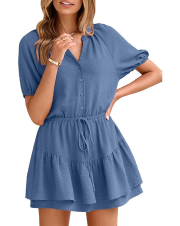 Women's V-neck Short Sleeved Ruffled Romper Dress
