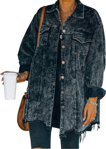 Women's Casual Oversized Button Down Corduroy Shirt Jacket Coat Washed Retro Shacket