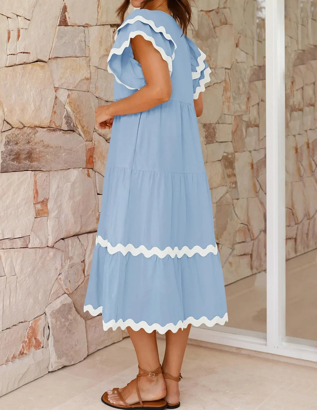 V-neck Ruffle Short Sleeve Layered A-line Maxi Dress