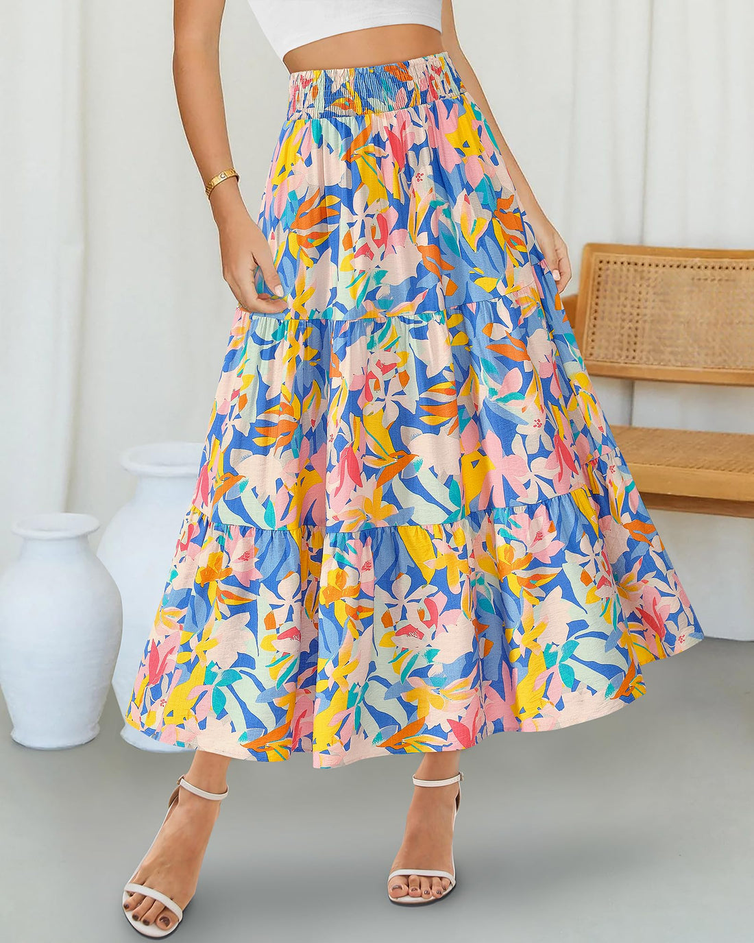 Women's Floral Print Midi Maxi Aline Elastic High Waist Pleated Flowy Long  Skirts
