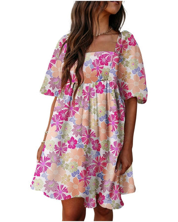 Women's Summer Square Neck Floral Puff Sleeve Babydoll Dress