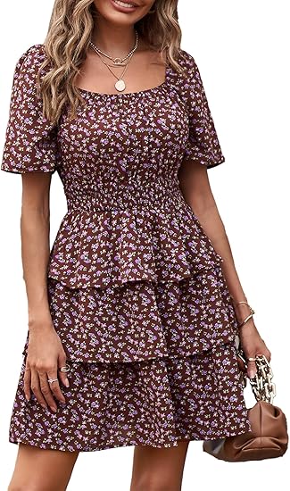 Women's Floral Summer Square Neck Short Sleeve Tiered Ruffle Boho Swing Short Dresses