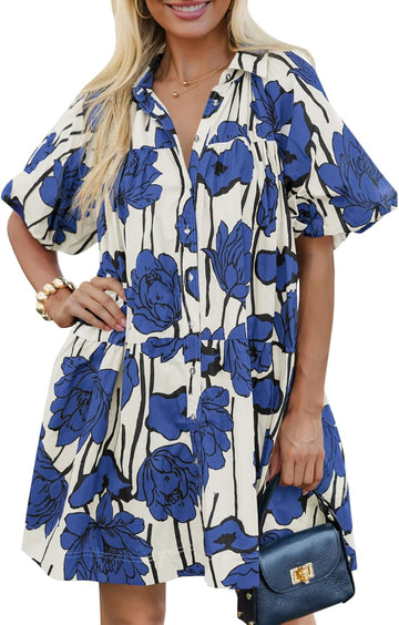 Women's Casual Button Down Floral Puff Sleeve Shirt Dress