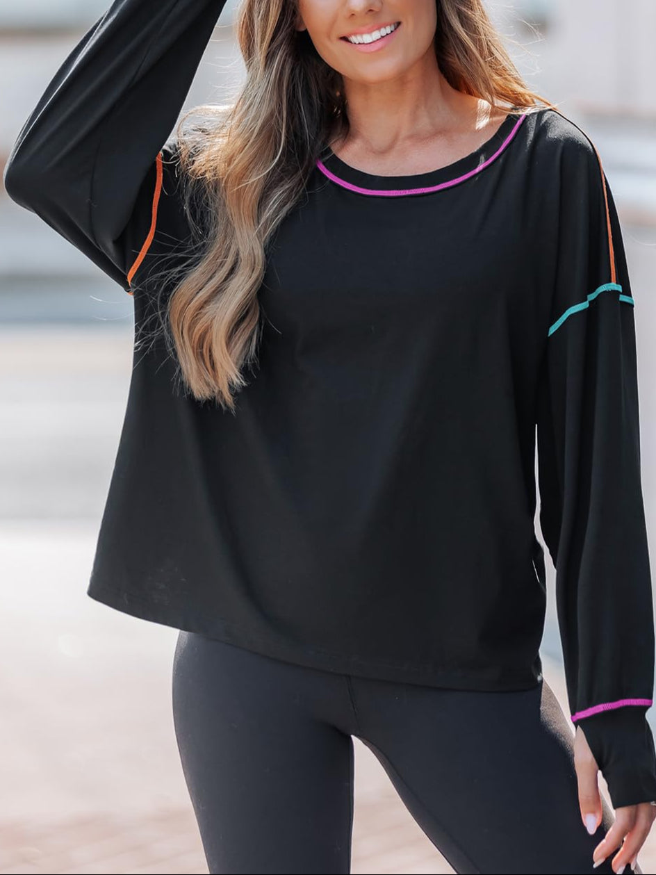 Women's Contrast Color Open Back Long Sleeve Sports Top