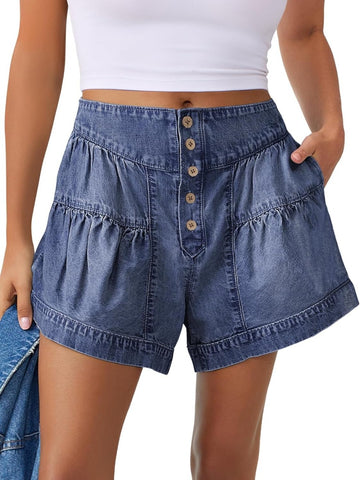 Women's Summer Baggy Flowy Wide Leg Buttons Pleated Denim Shorts