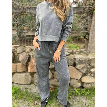 Vintage Washed Pullover Cropped Hoodie and Pants Set