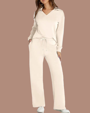 Women's Casual Polo Top and Wide Leg Pants Matching Sets