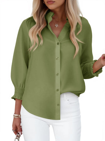 Womens Elegant 3/4 Smocked Sleeve Blouse Tops