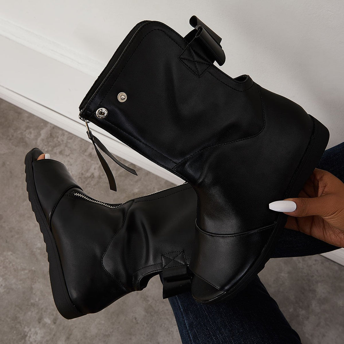 Women's Open Toe Ankle Boots Fashion Flat Booties Zip Up Boots