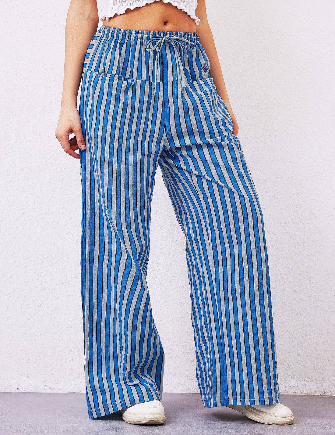 Women's Drawstring Low Rise Striped Wide Leg Pants with Pockets