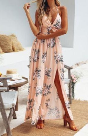 Women Boho Maxi Long Dress Sundress Floral Halter Dress