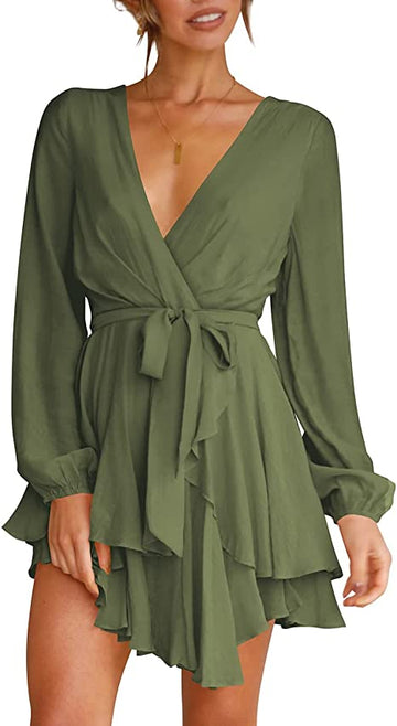 Women‘s Deep V-Neck Long Sleeve Waist Mini Swing Skater Dresses