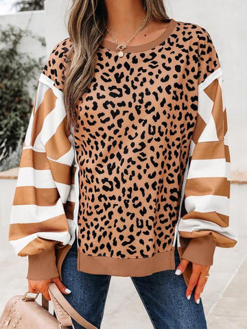Women's Leopard Crew Neck Drop Shoulder Casual Sweatshirt