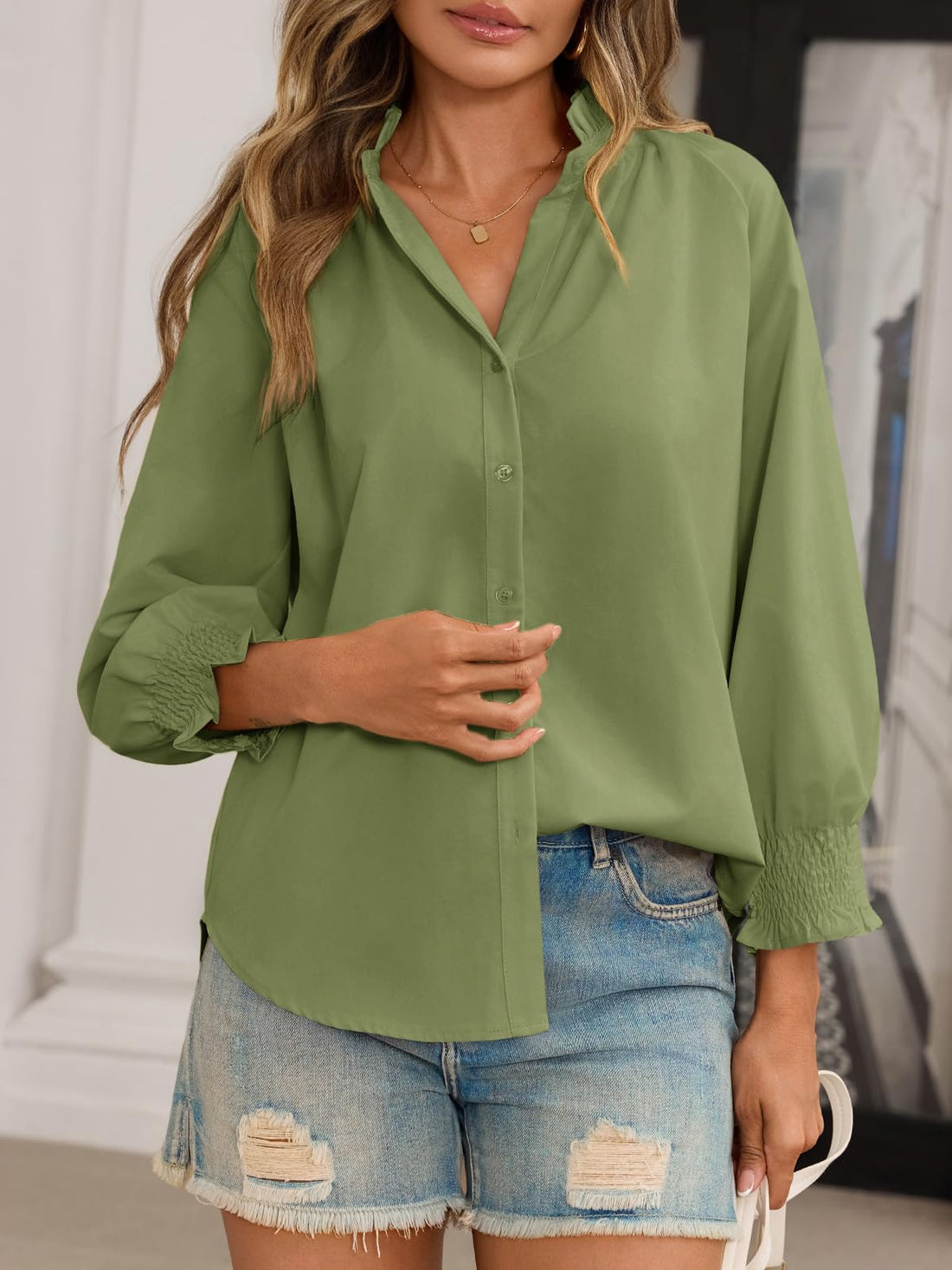 Womens Elegant 3/4 Smocked Sleeve Blouse Tops