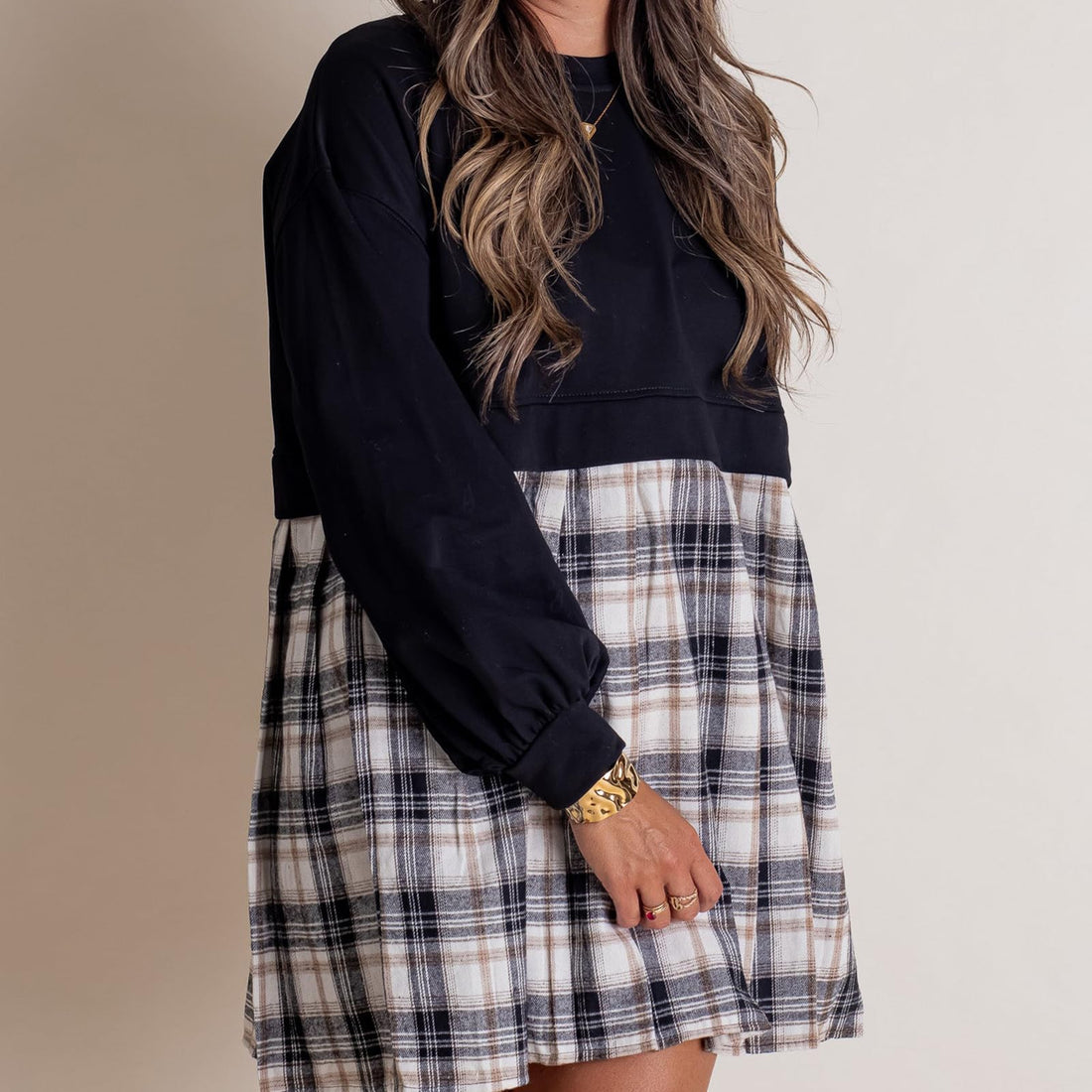 Women's Autumn Long Sleeve Round Neck Plaid Print Patchwork Dress