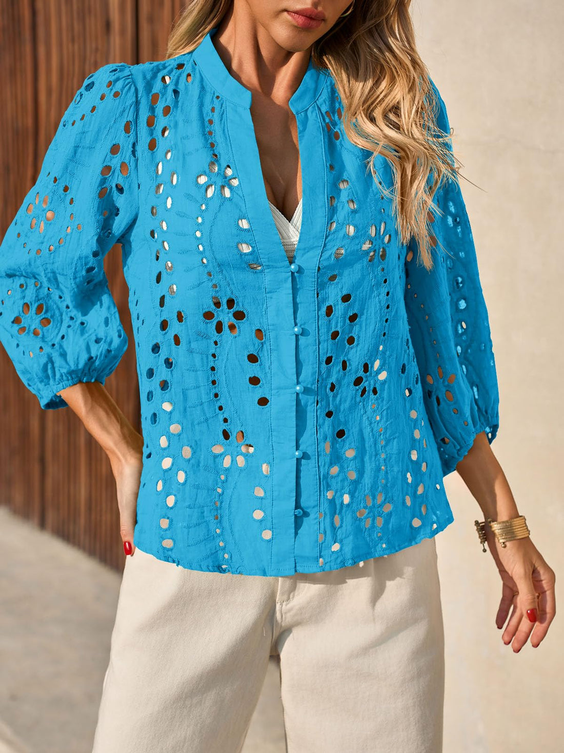 Womens Deep V Neck Eyelet Blouses Button Down Shirts