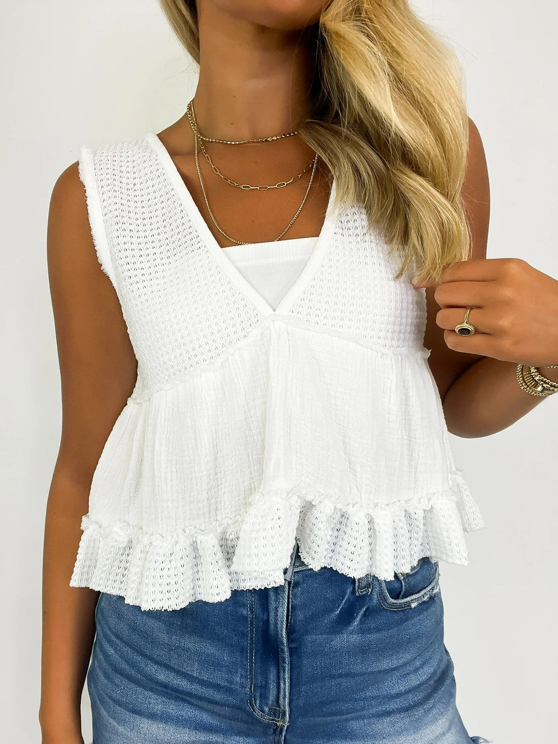 Women's V-Neck Patchwork Ruffle Hem Babydoll Tank Top