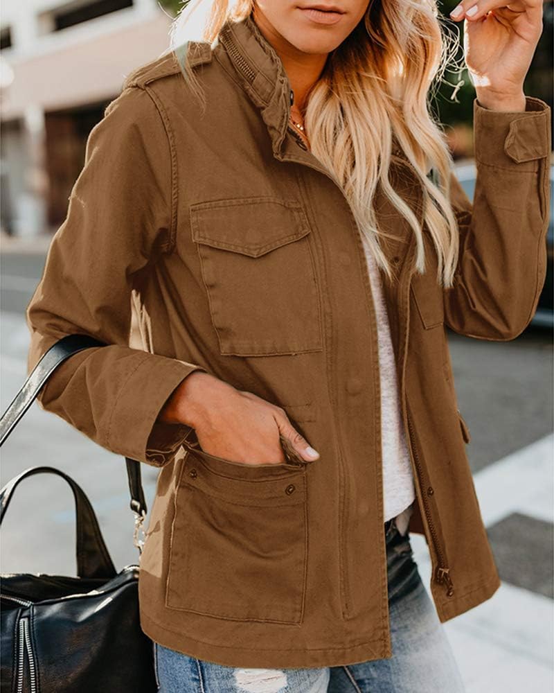 Women Military Anorak Jackets Zip Up Snap Buttons Parka Safari Utility Coats