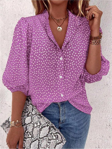 Women's Floral Puff Sleeve Print Shirt Dots Thru Shirt Blouse