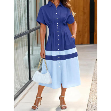 Womens Summer Button Down Shirt Dress Casual Color Block V Neck Short Sleeve