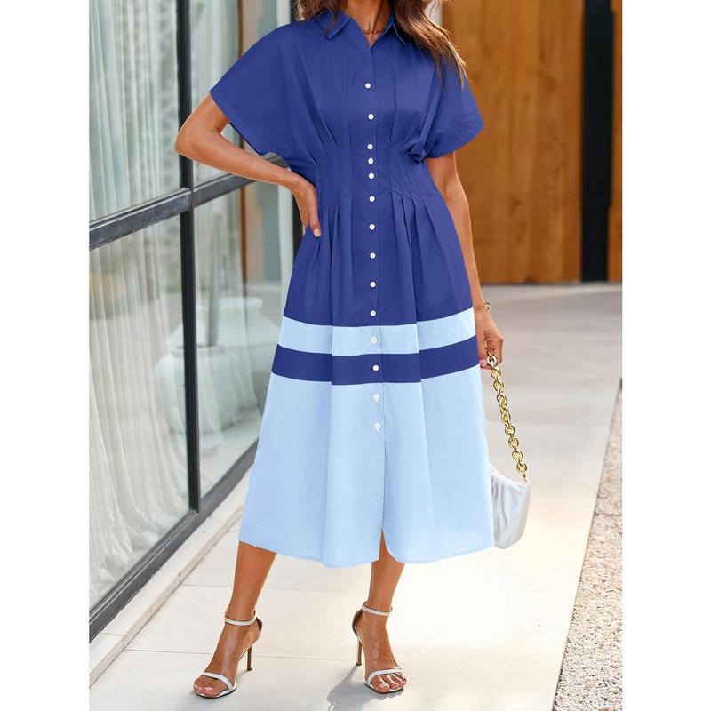 Womens Summer Button Down Shirt Dress Casual Color Block V Neck Short Sleeve