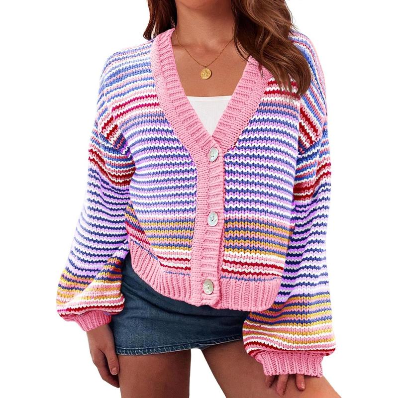 Womens Striped Cardigan Puff Sleeve Button Up V Neck Color Block Knit Sweater Coat