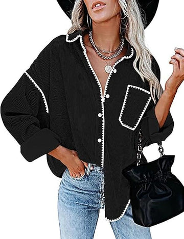 Womens Corduroy Shacket Jacket Long Sleeve Button Down Shirt Oversized Blouses Tops
