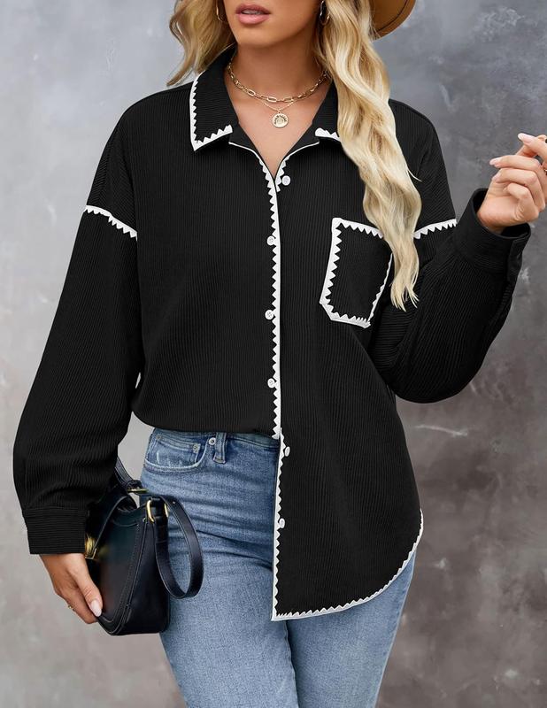 Womens Corduroy Shacket Jacket Long Sleeve Button Down Shirt Oversized Blouses Tops