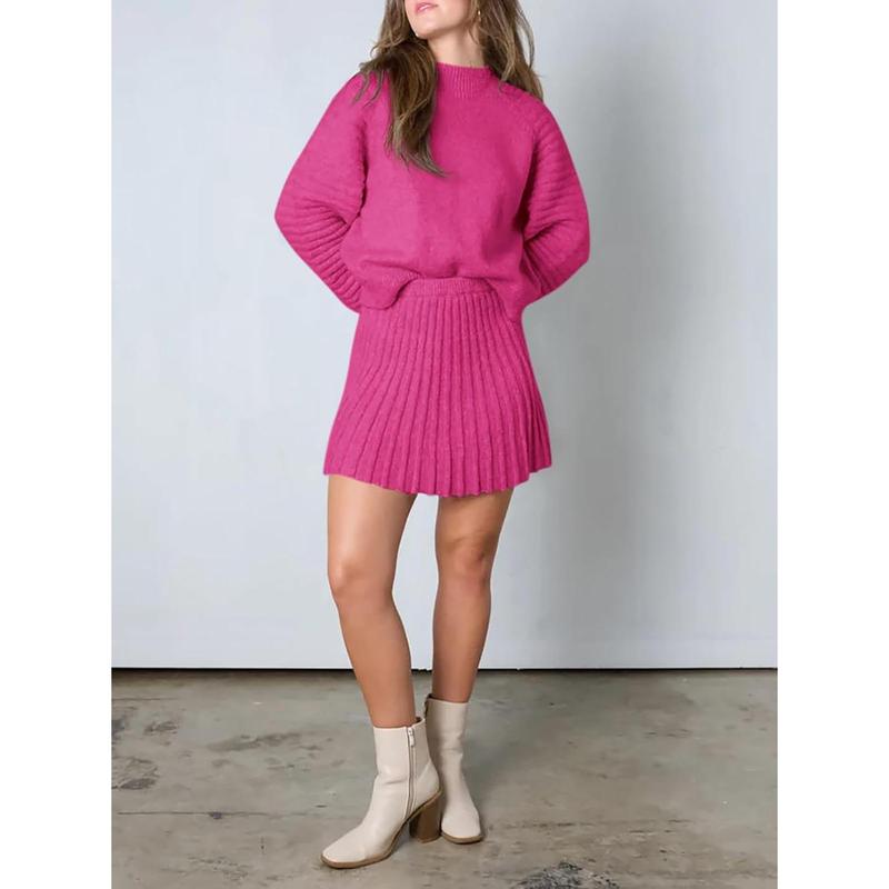 Women's Outfits Long Sleeve Mock Neck Ribbed Sweaters And Mini Skirt Two Piece Sets