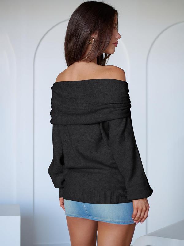 Womens Off Shoulder Long Sleeve Casual Loose Knitted Trendy Pullover Tops
