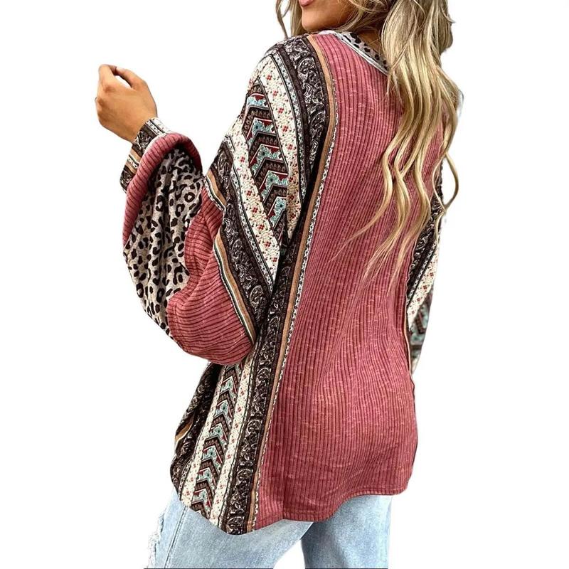 Womens Loose Fit Long Sleeve Oversized Retro Leopard Contrast Patchwork Top