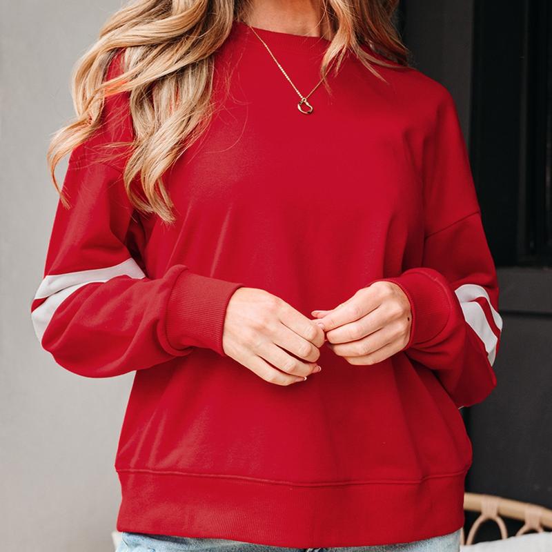 Women's Fall Clothing Contrast Stripe Crewneck Sweatshirt Oversized Long Sleeve Casual Pullover