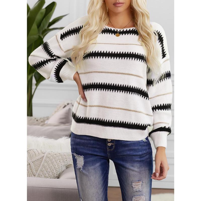Womens Color Block Sweaters Long Sleeve Crewneck Pullover Knit Jumper Tops