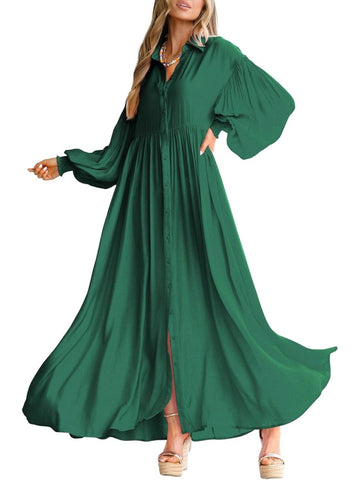 Womens Button Down Loose Lantern Long Sleeve Solid Shirt Dress With Pockets