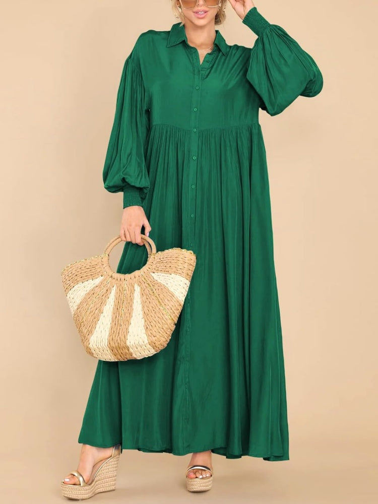 Womens Button Down Loose Lantern Long Sleeve Solid Shirt Dress With Pockets