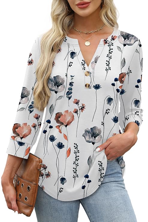 Fall Womens 3/4 Sleeve Heley Button V Neck Tops