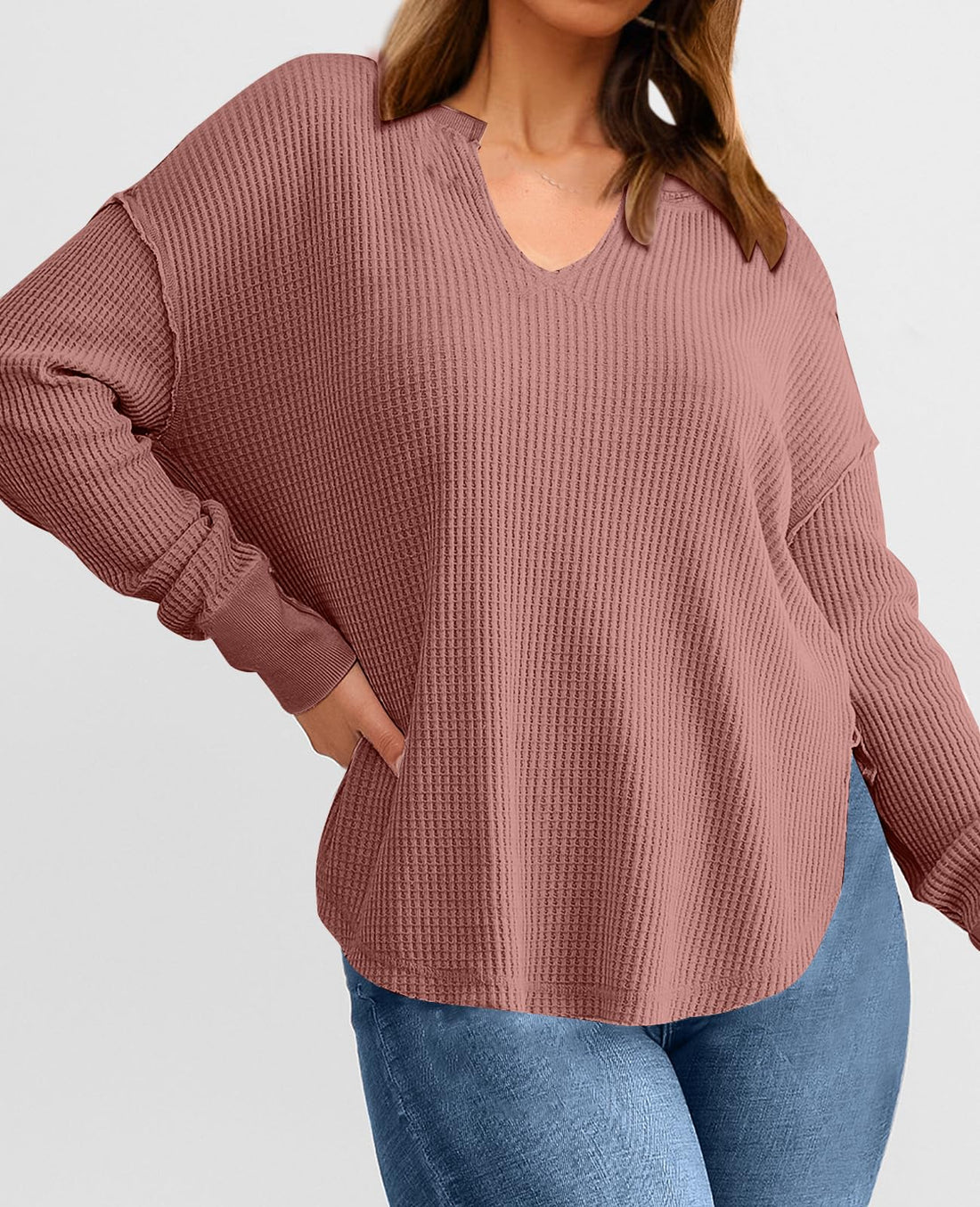 Women's Waffle Knit Exposed Seam Pullover
