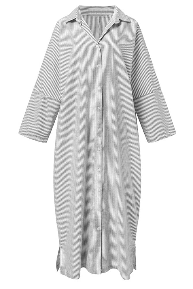 Women's Casual Long Sleeve Button Down Loose Striped Maxi Shirt Dress